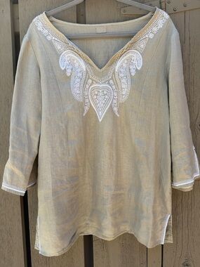 Cream Linen Tunic White Embroidered & Sequined V-Neck, Hem, Sleeves, Flowy